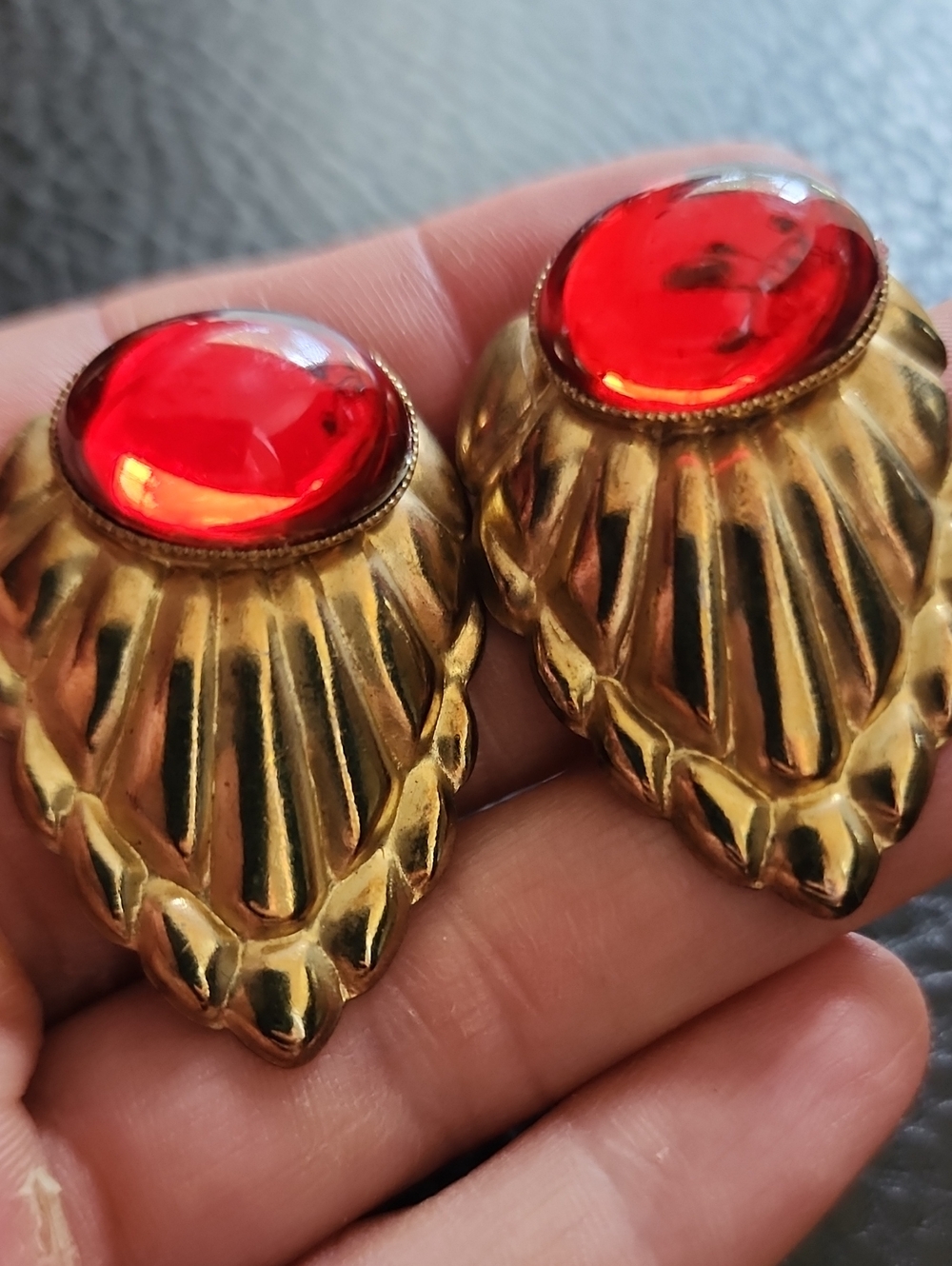 Vintage Gold Tone Earrings with Red Cabochon
